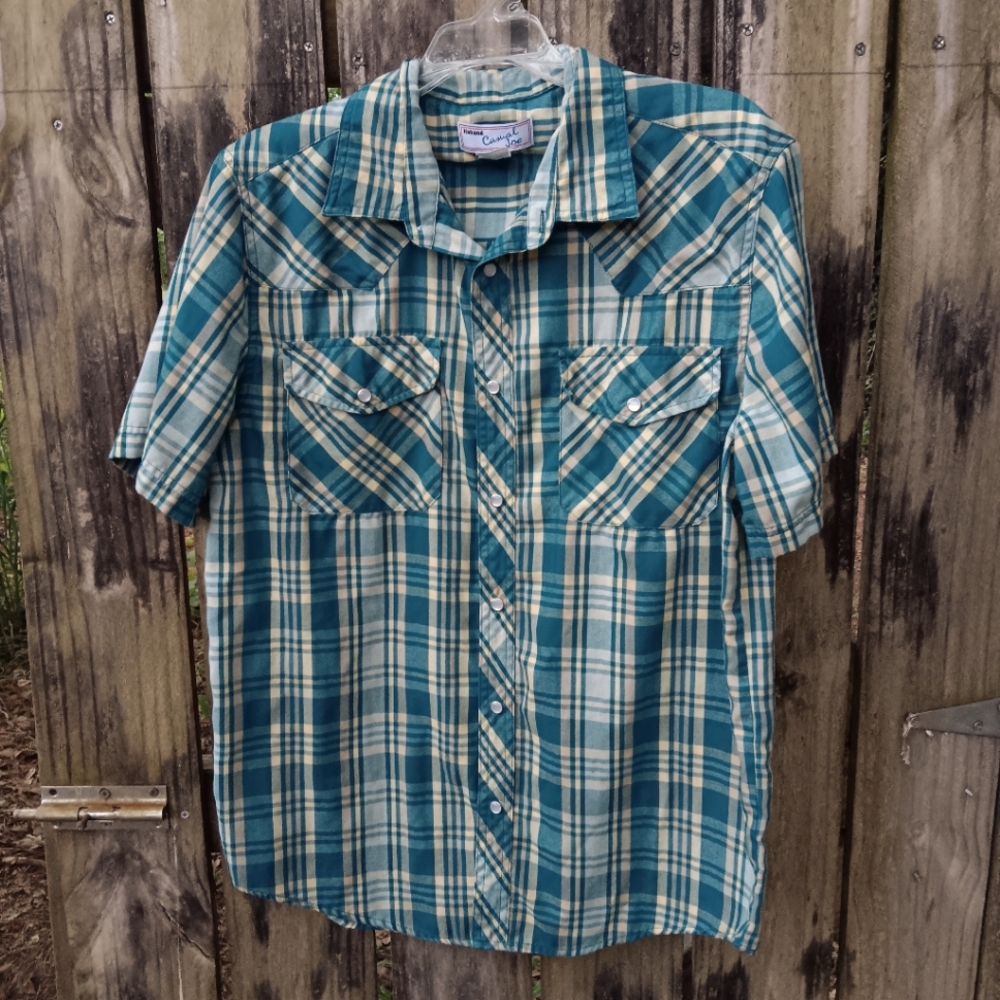 HABAND Casual Joe Men's Green Short Sleeve Plaid Shirt with Pearl Snaps M